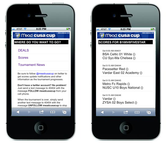 TourneyCentral mobile web app screen shots